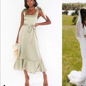 Show Me Your Mumu Claire Midi Dress Moss Green Luxe Satin